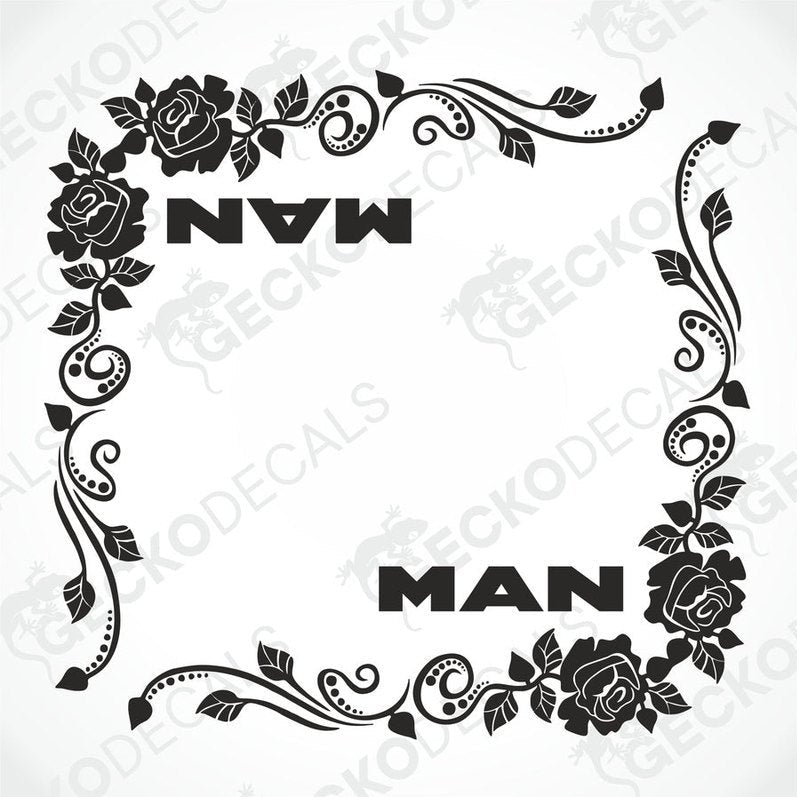 Black floral rose MAN side window decal for truck with swirling vines