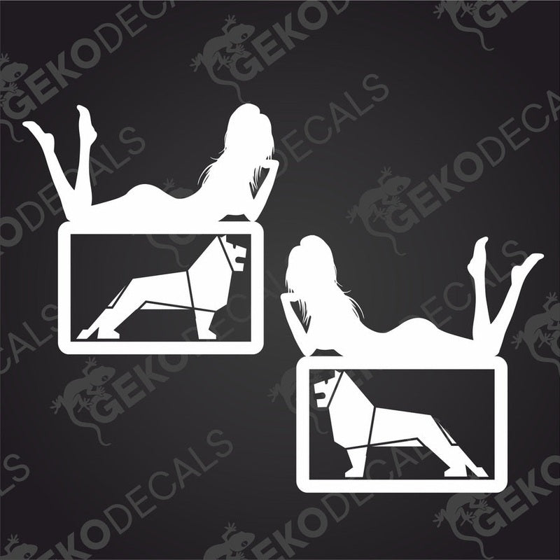 A set of two black vehicle decals depicting a man and a girl, delivered on transfer paper.