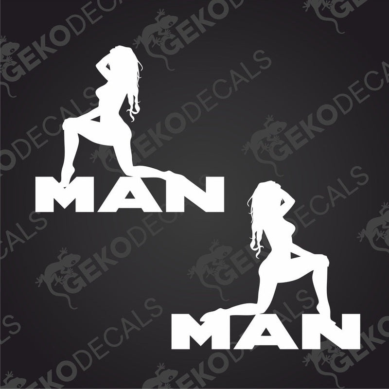 A set of two black decals, one depicting a stylized man and the other a woman, with the word 'MAN' and 'GIRL' above them.