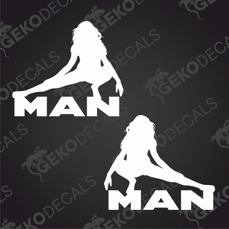 A set of two decals, one depicting a stylized female figure in a dynamic pose with the word 'MAN', and the other is with girl mirror image.
