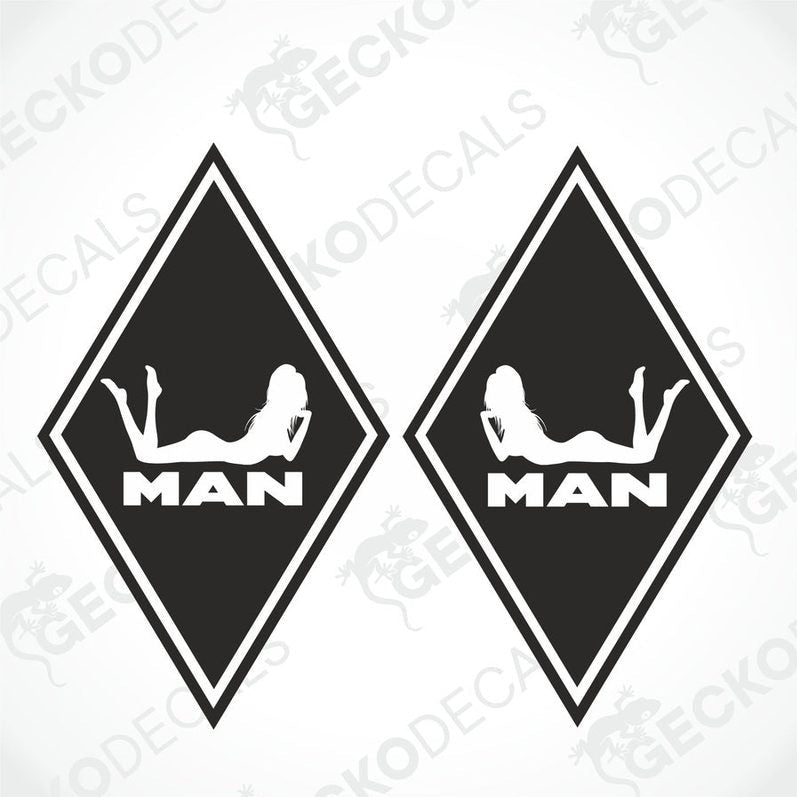 Two black and white diamond-shaped decals with the words 'MAN' and 'GIRL' on them, designed for vehicle decoration.