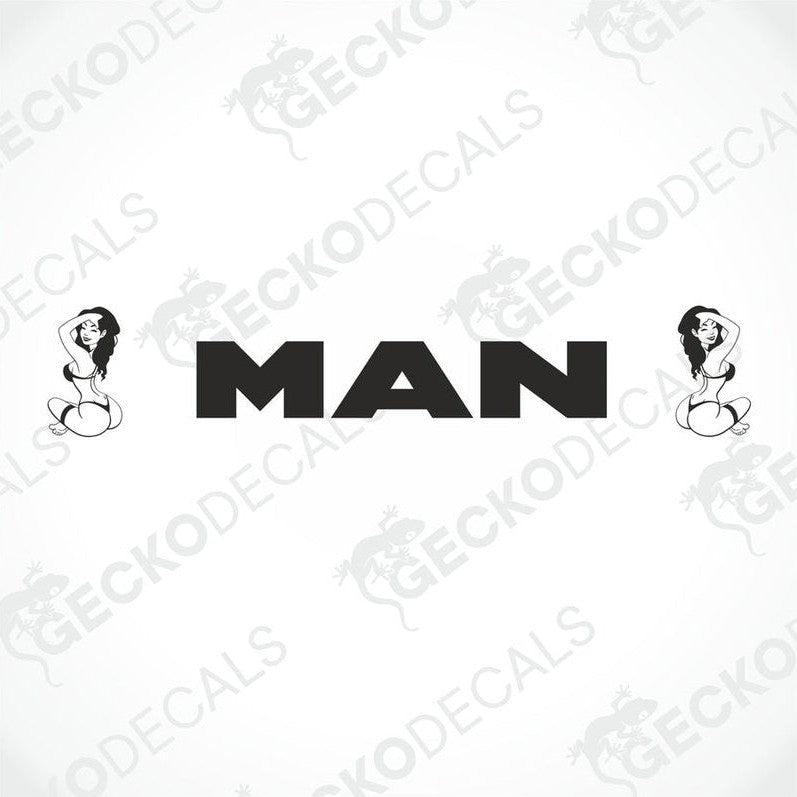A front view of a gray MAN truck with a die-cut decal on the windscreen representing the brand 'MAN' and the word 'GIRLS' above it.