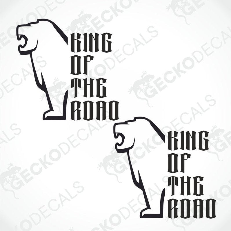 Two black and white stickers with the text 'KING OF THE ROAD' and a graphic of a bear's head and body on each sticker.