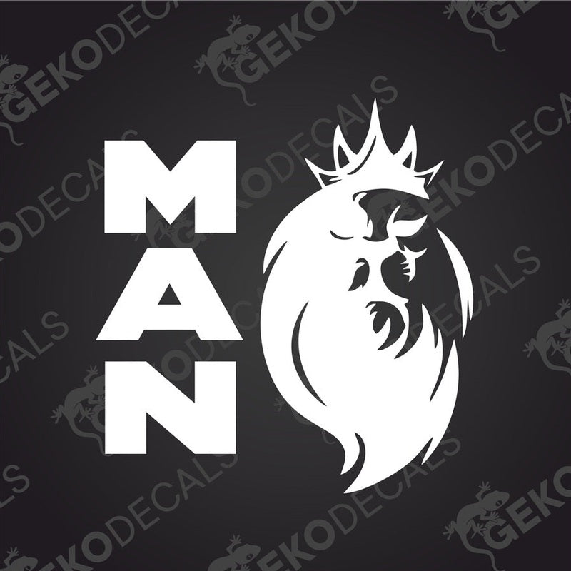 A die cut sticker with a design of a lion's head with the letter M on it, predominantly in white and red colors.