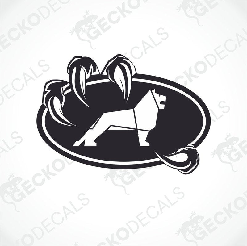 A black and white die cut sticker with a design resembling a creature with nails, delivered on transfer paper.