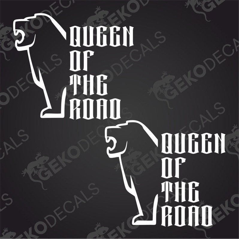 Two black and white stickers with the text 'MAN' and 'QUEEN OF THE ROAD' in a bold font, delivered on a transfer paper with a GeckoDecals logo at the bottom.