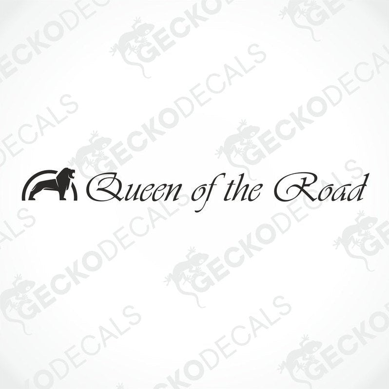 A die cut decal with the phrase 'Queen of the Road' positioned on the windshield of a gray truck.