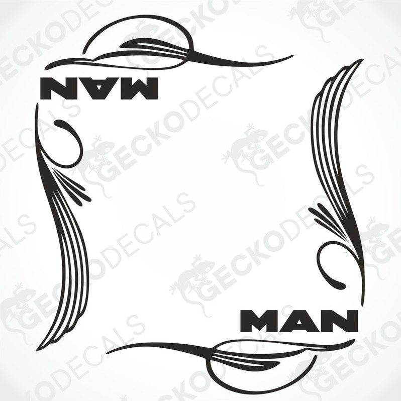 A black and white side window decal with the word 'MAN' in bold letters, surrounded by decorative flourishes.