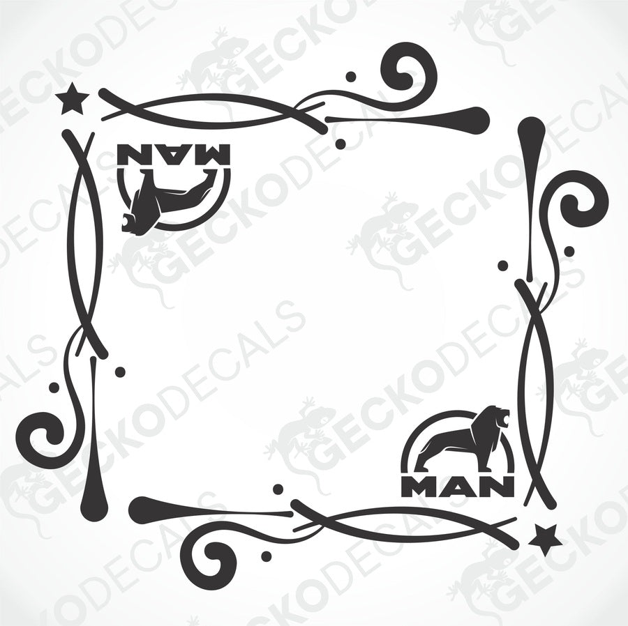 A die cut decal with a decorative border featuring the brand 'MAN' and an illustration of a dog, intended for use on truck side windows.