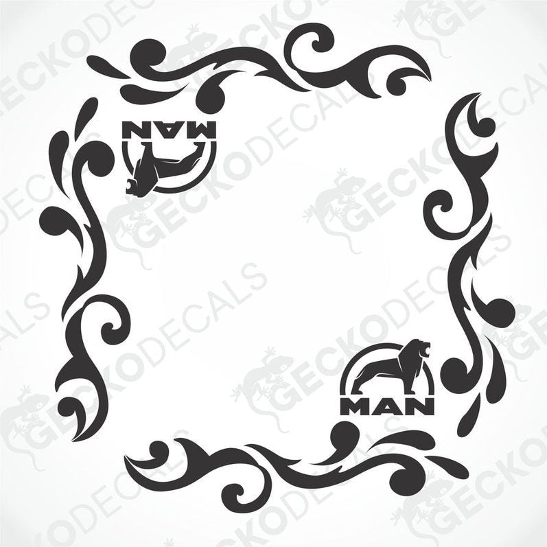 A black and white image of a die cut decal with a floral and swirl design, featuring the word 'MAN' and a tribal symbol.