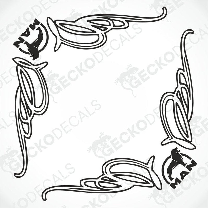 A set of two black and white die cut decals for a MAN side window, designed with decorative swirls and the brand logo.