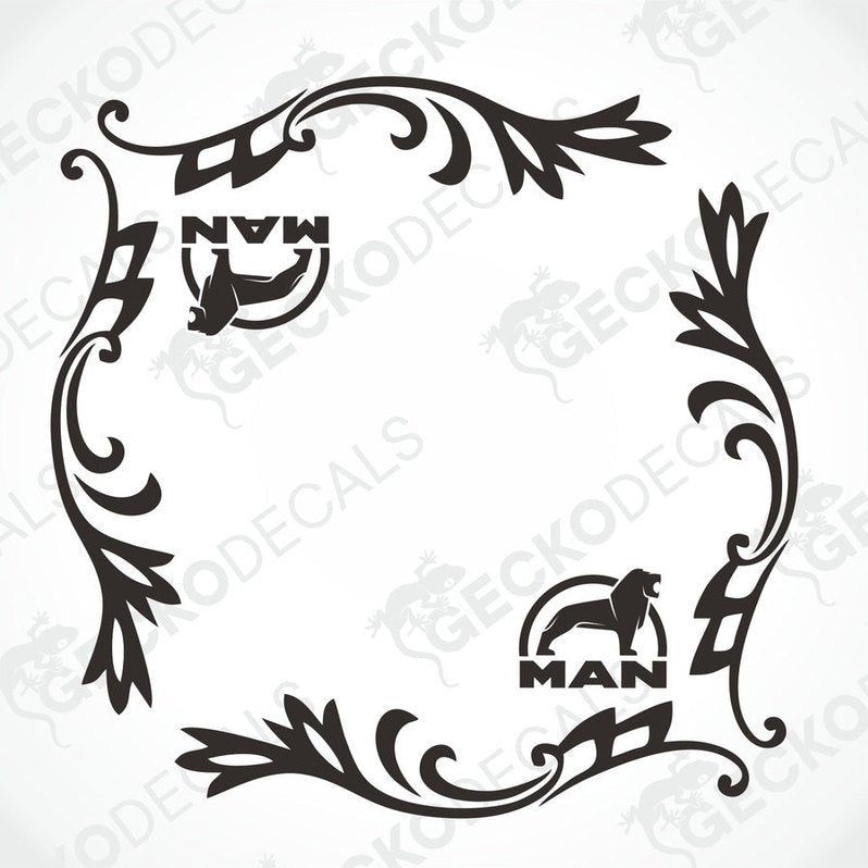 A black and white image of a die cut decal with a floral pattern and the text 'MAN' included within the design.