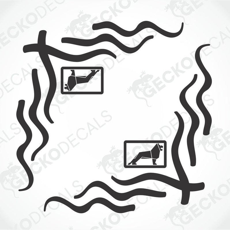 A set of two black and white die cut stickers, one for the exterior and one for the interior of a vehicle, with a man side window theme.