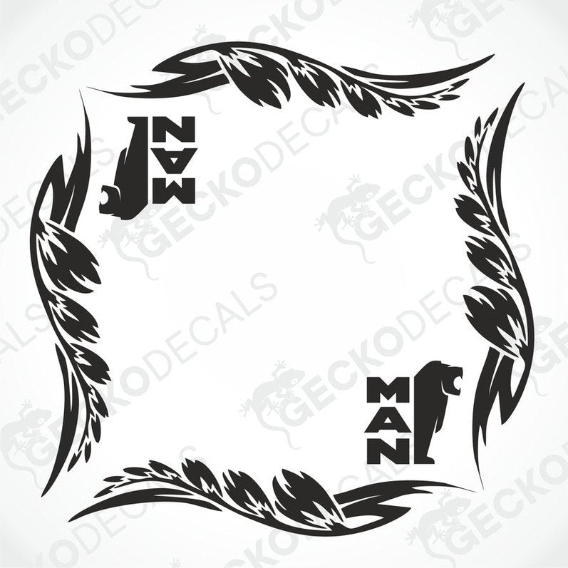 A set of two black side window decals for a truck, with a geometric and tribal pattern design, including the letters 'MAN'.
