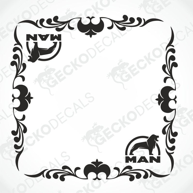 A set of two black side window decals for a truck, with a geometric and tribal pattern design, including the letters 'MAN'.