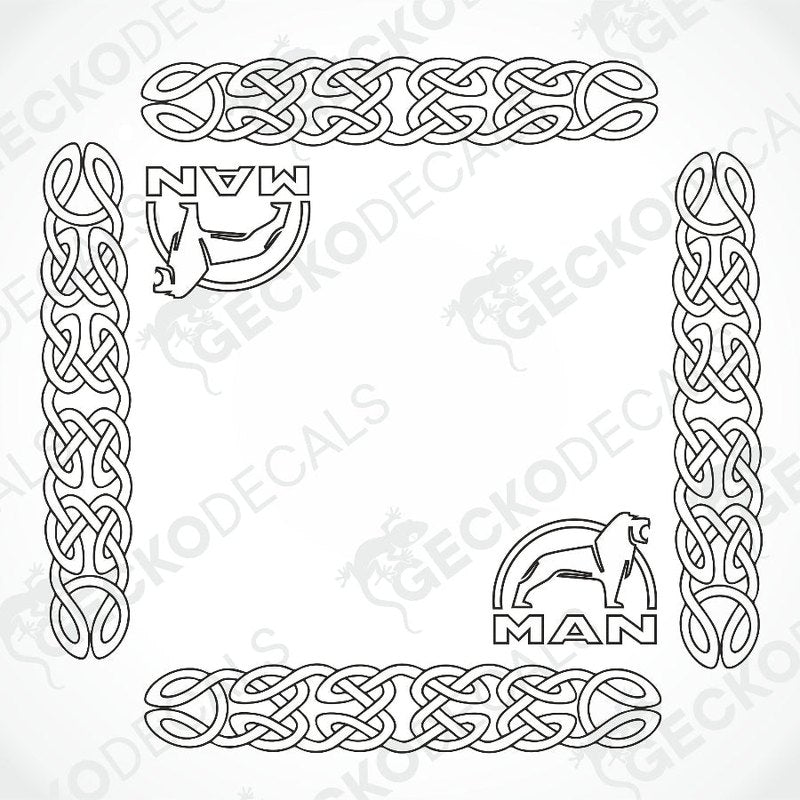 A white die cut decal with a geometric pattern and MAN logo.