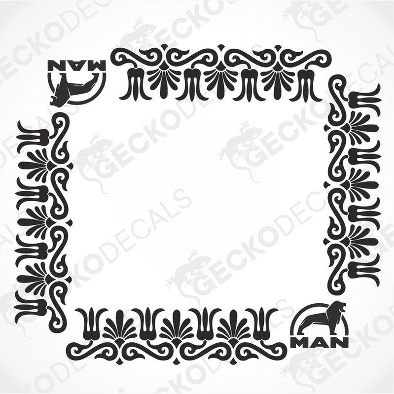 A set of black die cut stickers with floral patterns and the word 'MAN' on the side window of a truck.