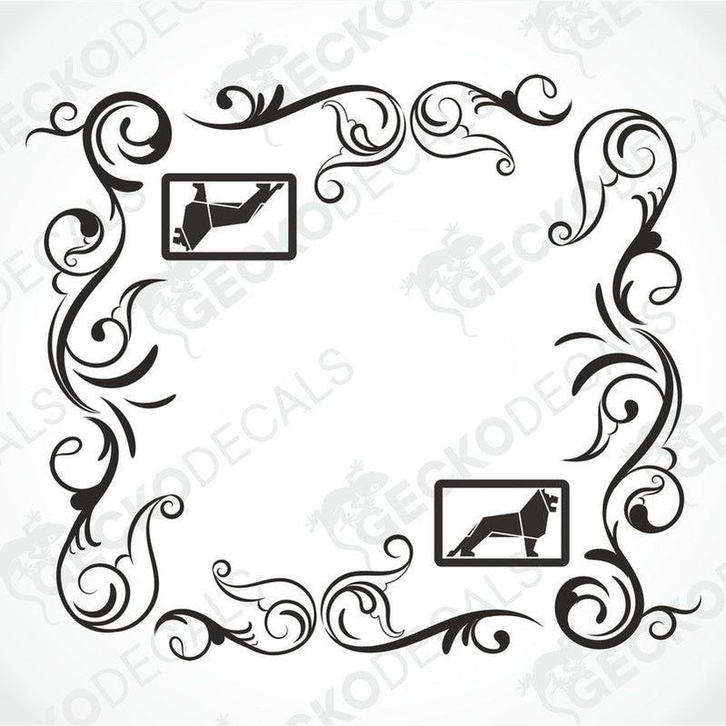 Black ornate scrollwork border design with two inset MAN logo.