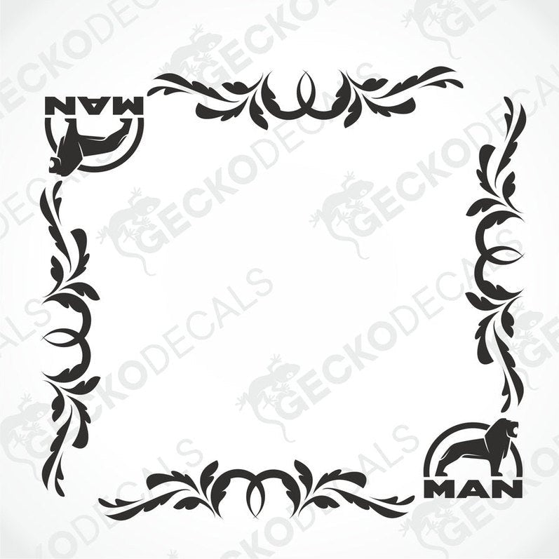 MAN truck side window decal with black floral scroll border and lion logo