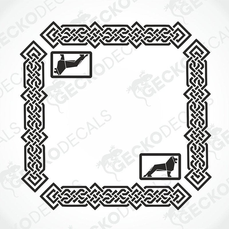 A black Celtic knot border frame with two small MAN lion logos.