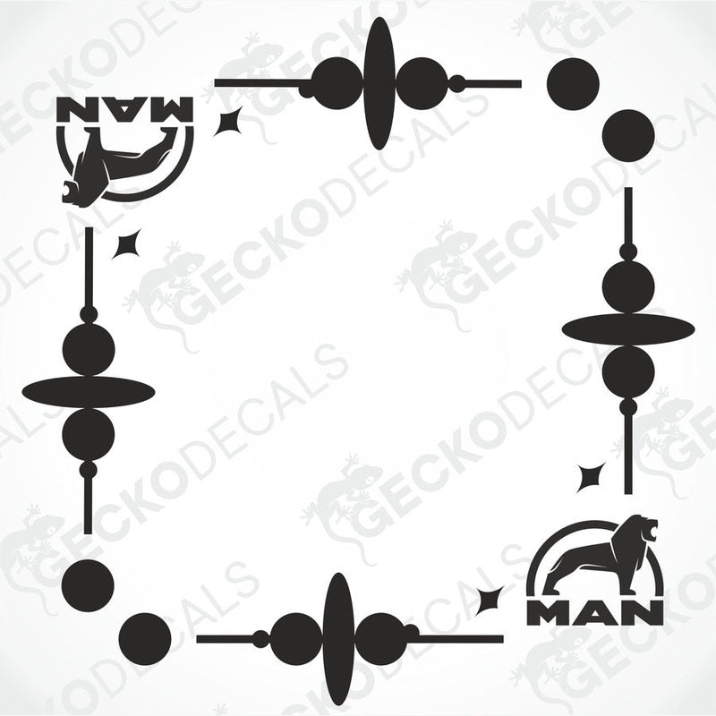 Black MAN side window die cut decals for truck with logo and geometric designs