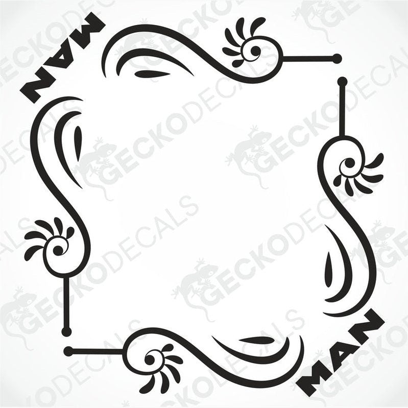 Black MAN side window die cut decal with ornamental swirls and eye motifs on transfer paper