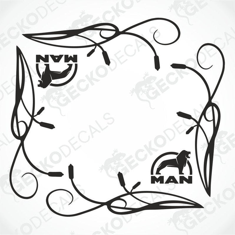 A set of two black decals for truck windows, featuring geometric designs and the word 'MAN'.