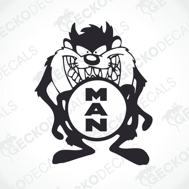A die cut decal featuring an animated character with the letters 'MAN' in the center.
