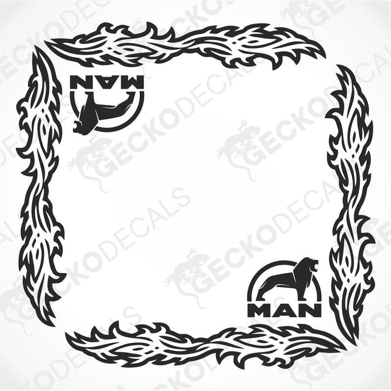A pair of black and white tribal patterned vehicle side window decals with the text 'MAN' included in the design.