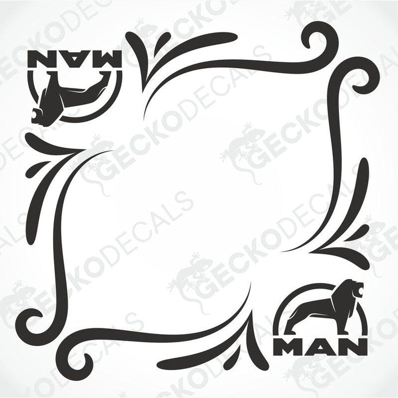 MAN tribal side window decal set with fish and lion logos on transfer paper