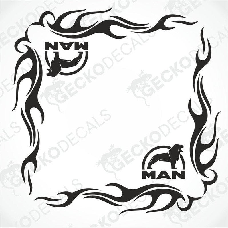 A set of two black tribal patterned decals for vehicle side windows, featuring the word 'MAN' and flame designs.