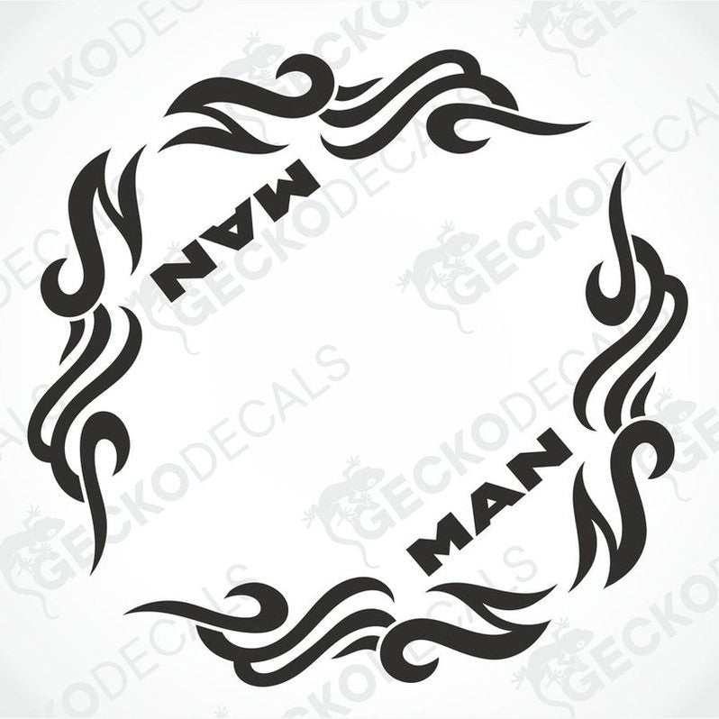 MAN tribal side window decal set with flame swirls on transfer paper