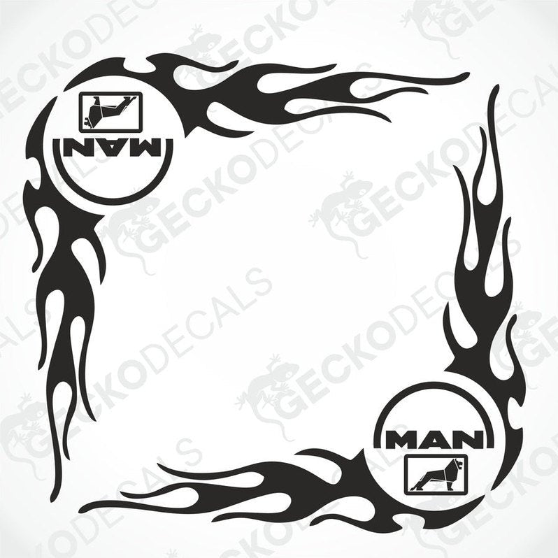 A set of two black and white tribal-style side window decals for trucks, with the MAN brand logo.