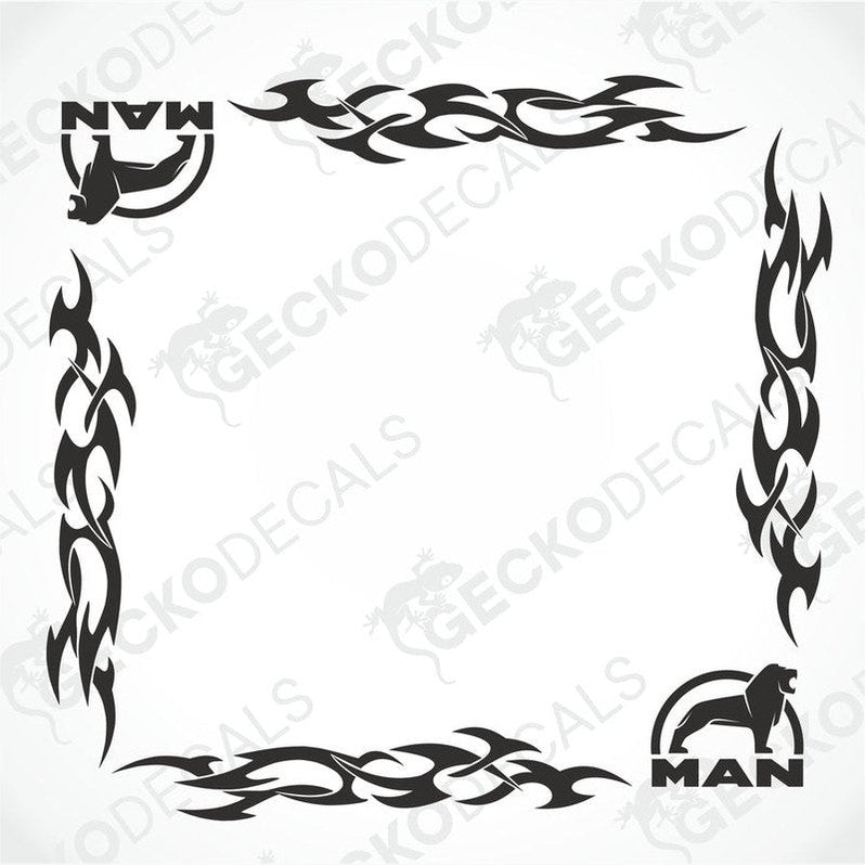 A set of two black side window decals for a truck, with a geometric and tribal pattern design, including the letters 'MAN'.
