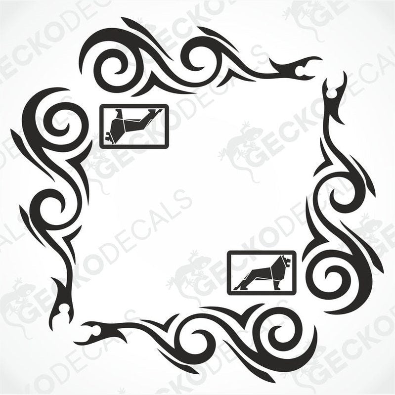 A set of two black side window decals for a truck, with a geometric and tribal pattern design, including the letters 'MAN'.