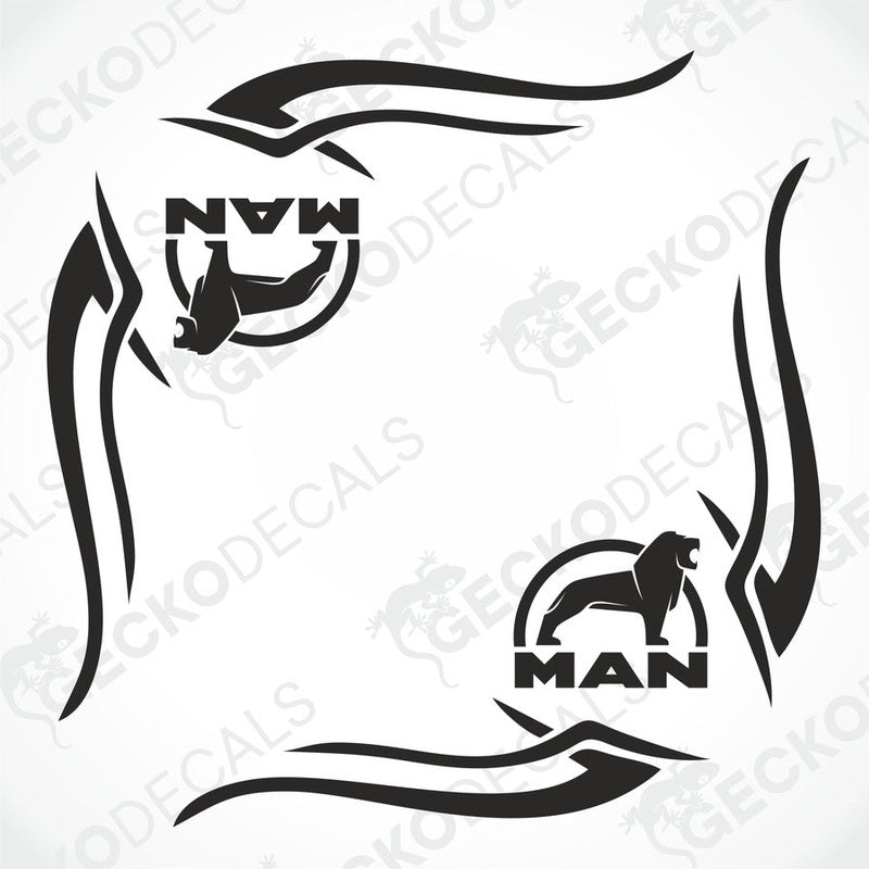 A set of two black tribal design decals for vehicle side windows, featuring the word 'MAN' and animal silhouettes.