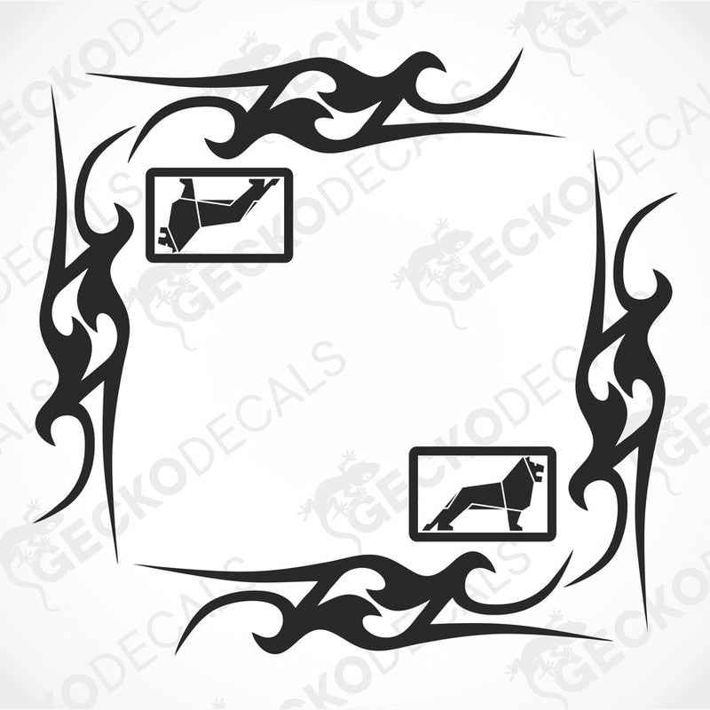 A set of two black side window decals for a truck, with a geometric and tribal pattern design, including the letters 'MAN'.