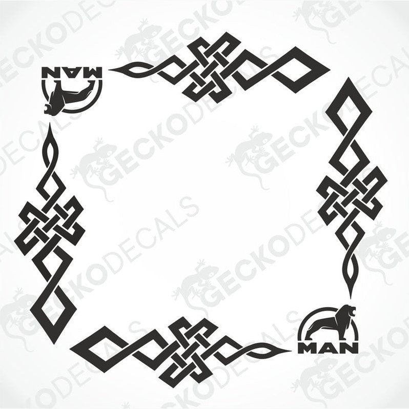 A set of tribal-style side window decals for a truck, featuring geometric patterns and the MAN brand logo.