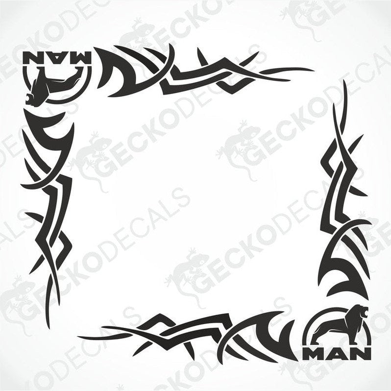 MAN tribal side window decal set with lion and bird logos for truck exterior