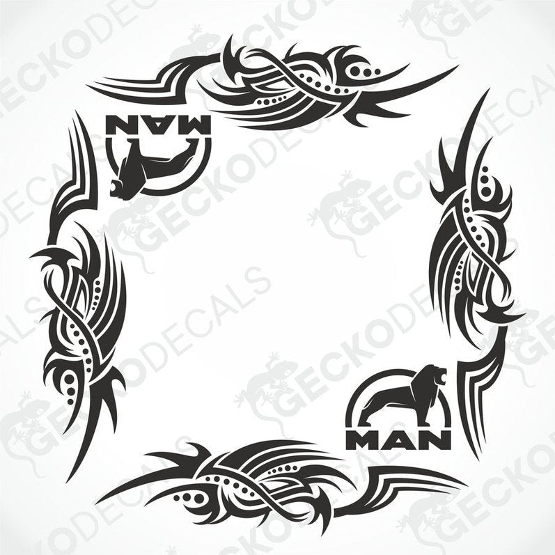 A set of tribal style side window decals for a truck, featuring geometric patterns and the MAN logo.