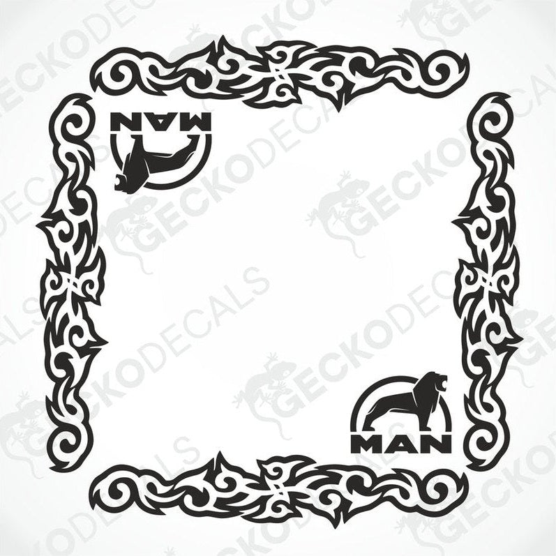 A set of two black side window decals for a truck, with a geometric and tribal pattern design, including the letters 'MAN'.
