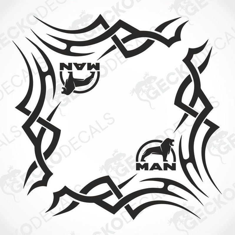 A set of two black side window decals for a truck, with a geometric and tribal pattern design, including the letters 'MAN'.