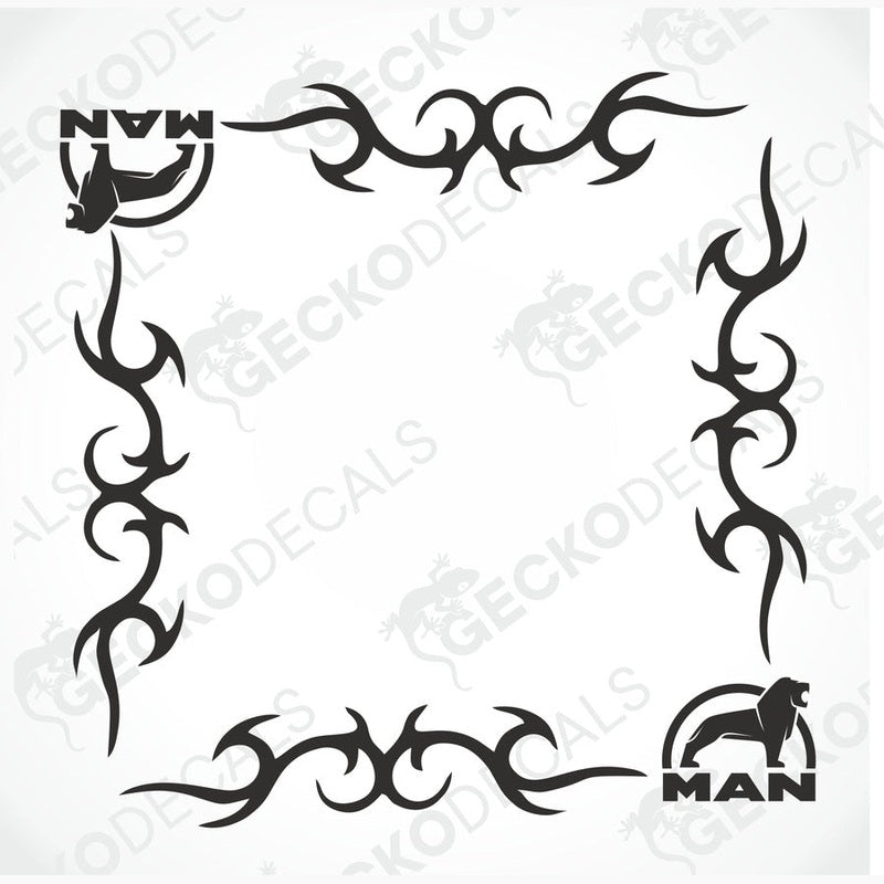 Black MAN tribal side window decals with lion and man logo designs for truck interior or exterior