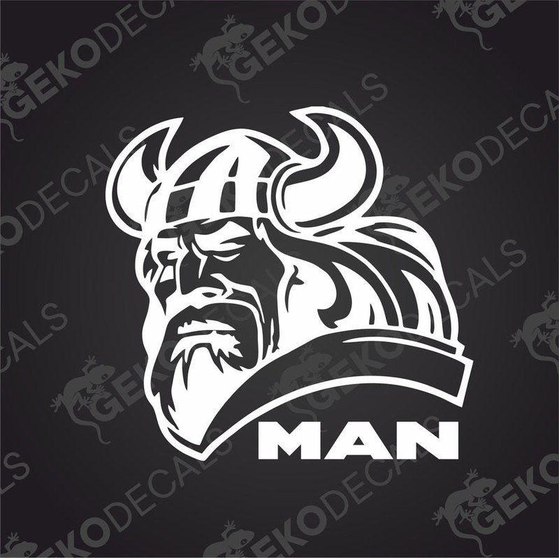 A black and white sticker of a Viking helmet with the word 'MAN' below it.