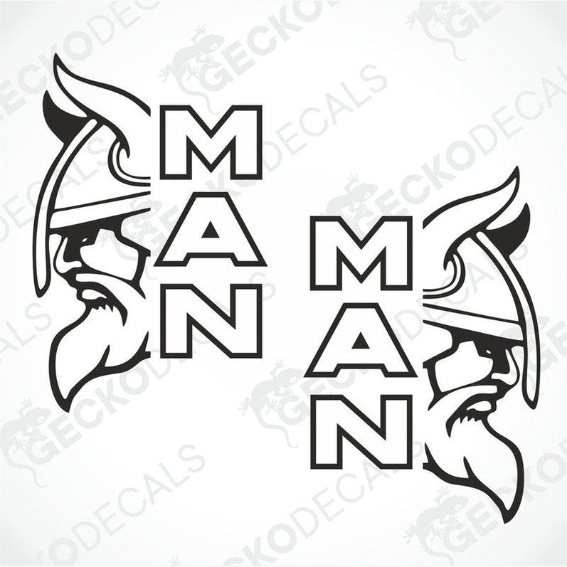 Two black and white stickers with a Viking helmet design and the word 'MAN' written below it.