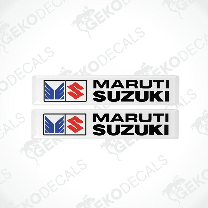 Two white vinyl stickers with the MARUTI SUZUKI brand logo in red and blue.