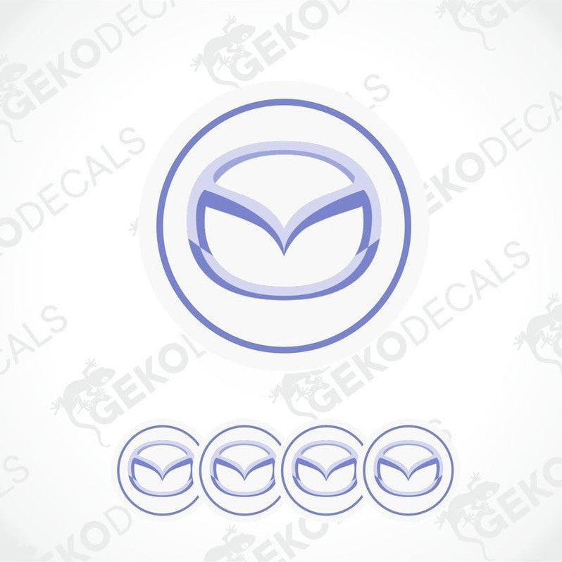 A set of four blue and white vinyl decals with the Mazda logo.