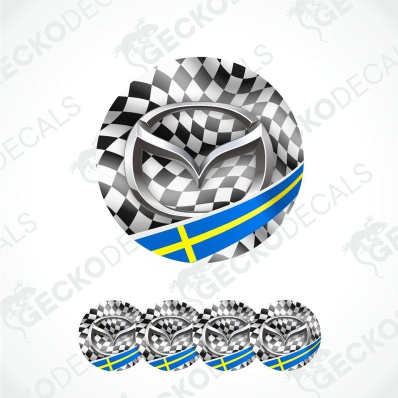 Mazda logo with checkered flag and Swedish flag design on a white background.