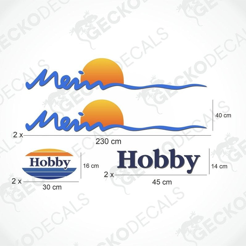 A white caravan with 'MEIN HOBBY' and a graphic decal featuring a sun and waves design on the side.