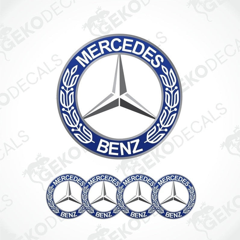 A set of vinyl decals with the Mercedes-Benz logo, including one large emblem and four smaller ones with a blue, white, and silver color scheme.